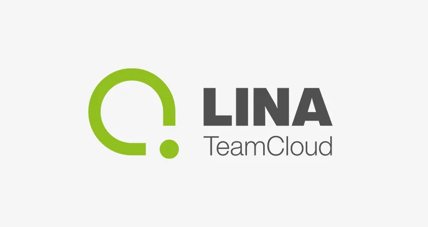 Lina TeamCloud Grüne Kresikontur und ein Punkt unten rechts, daneben der Schriftzug Lina Teamcloud.