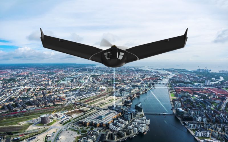 ebee tac drone flying over city