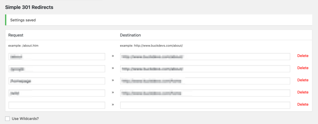 Simple 301 Redirects WordPress interface