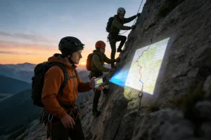 Hikers using the 8849 tank x to project a map