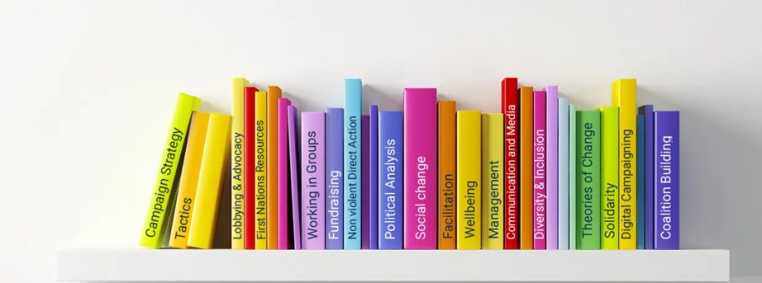 commons-library Bookshelf holding books about campaign strategy, tactics, lobbying, etc.