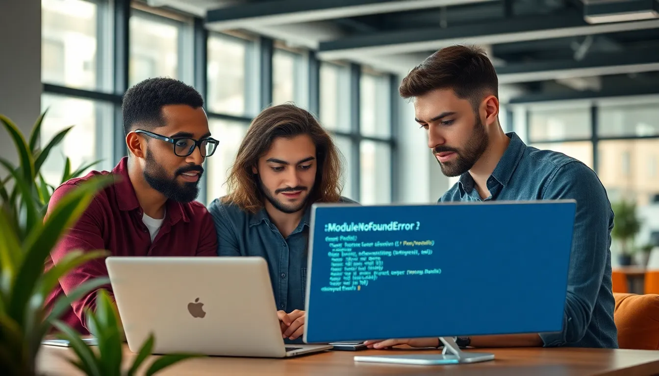 diverse developers collaborating on a laptop in a modern office.