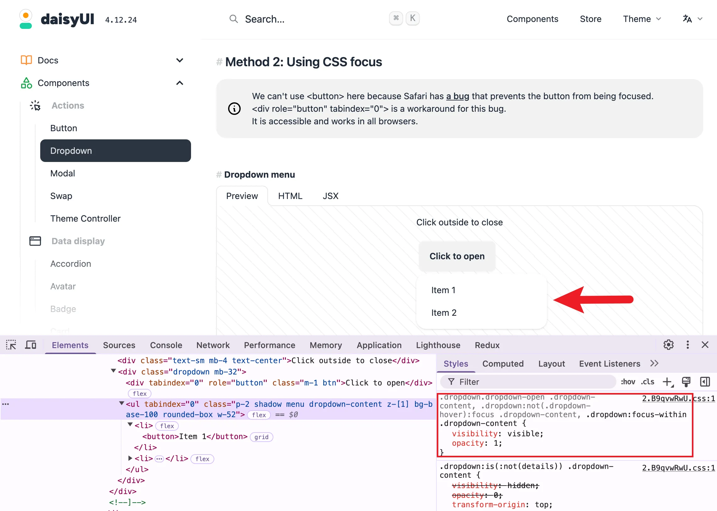daisyUI 的 dropdown 是什么原理以及如何关闭