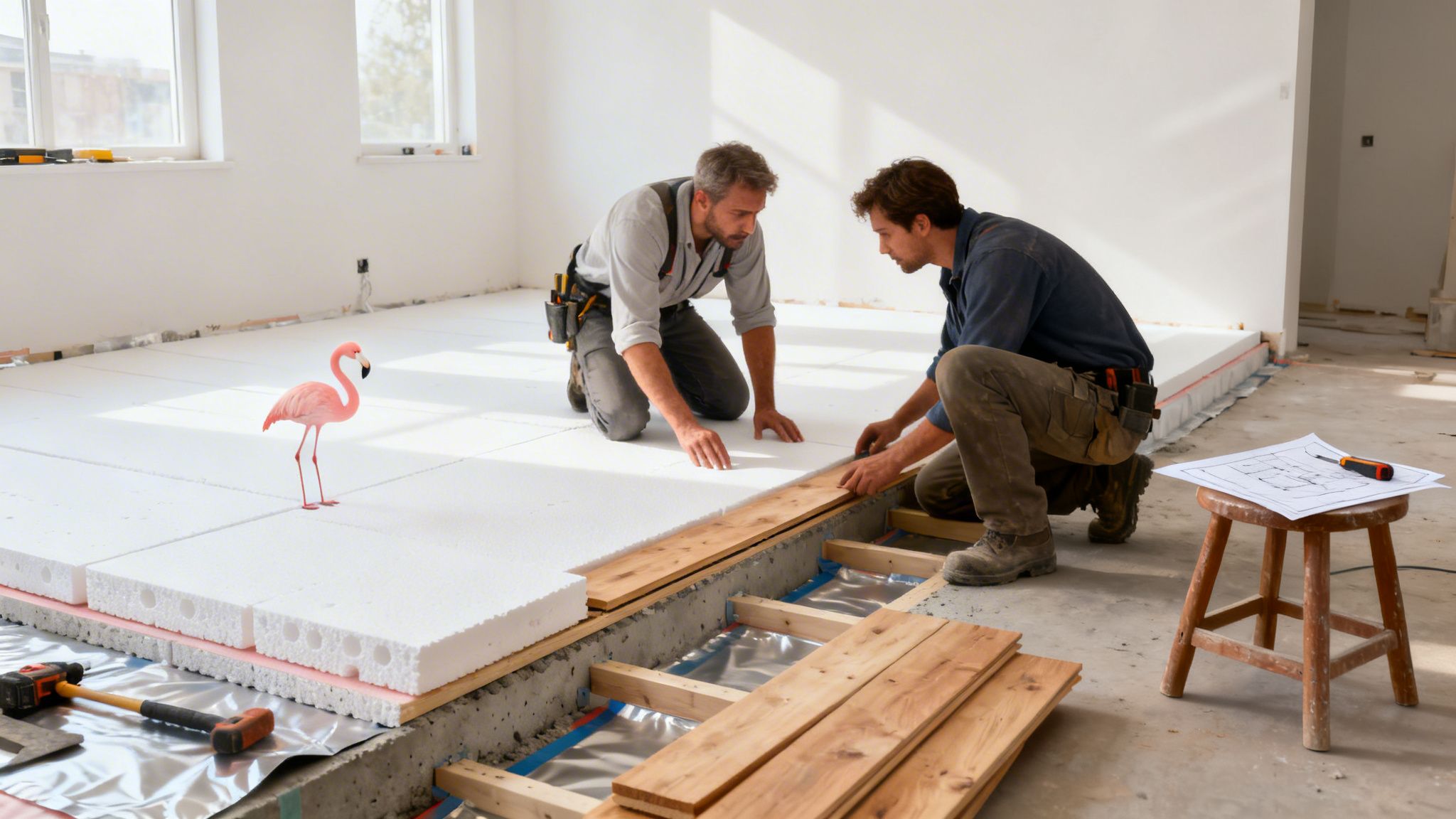 To mænd lægger gulv med isolering og træplanker under renovering, med en flamingo til stede.