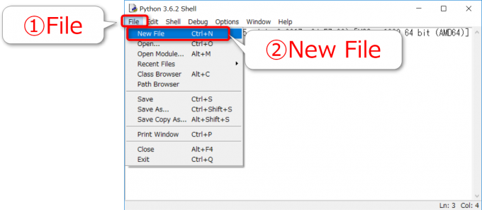 IDLEで新規Pythonファイルを作成
