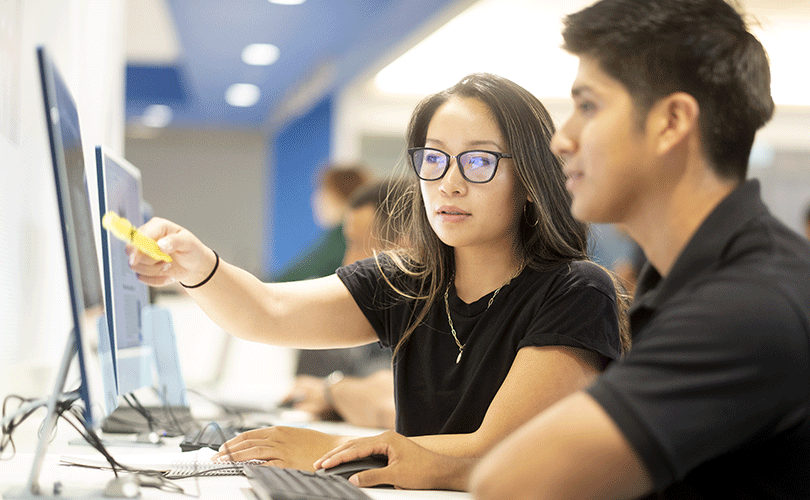 Two people working together on desktop computers.